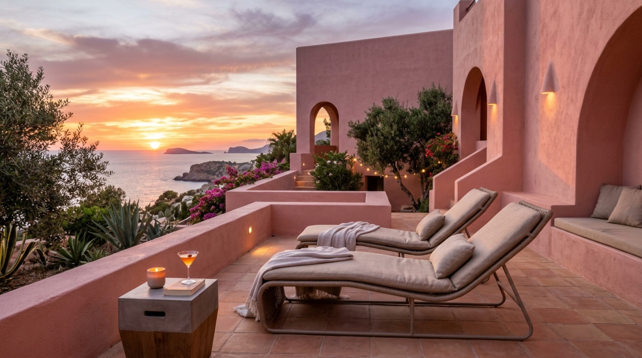 Exterior patio with ergonomic outdoor furniture and a statement pink door, merging interior barbie movie dreamhouse pink paint shortage decor ideas with landscape.