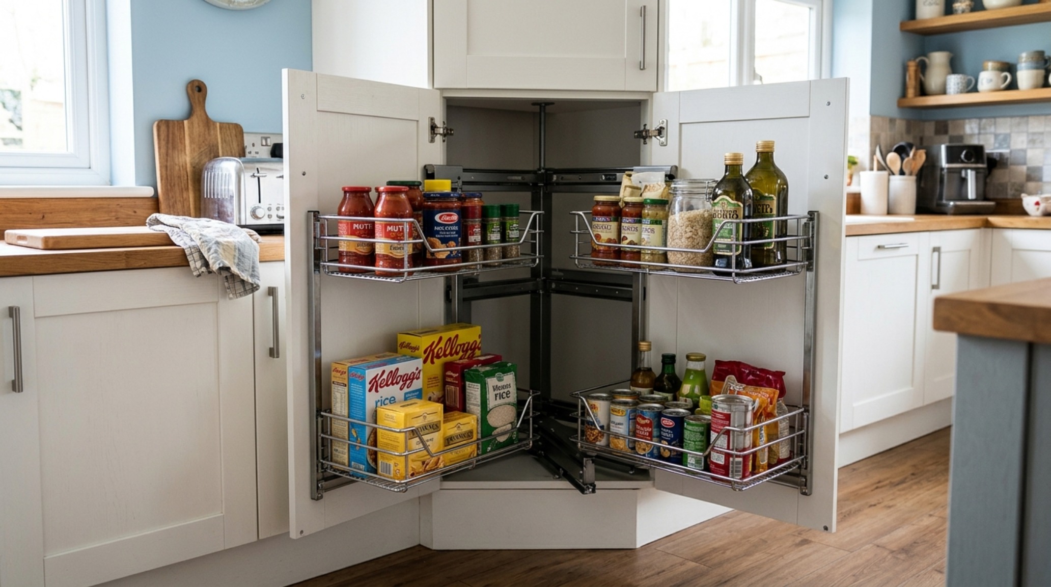 Detailed shot of a 'Magic Corner' pull-out storage system in a corner pantry for maximum ergonomic efficiency.