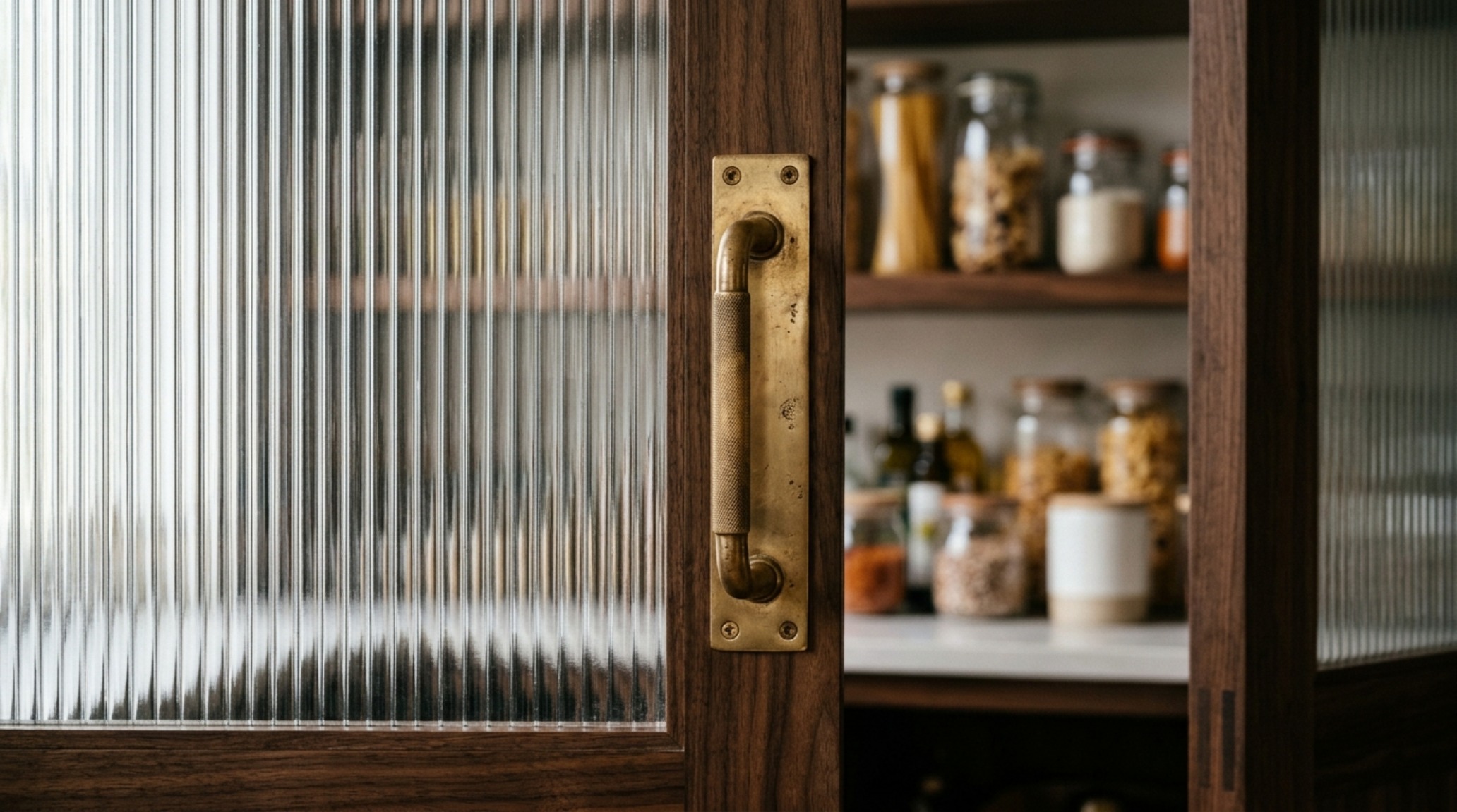 Detail of unlacquered brass hardware and fluted glass cabinet doors on a luxury pantry unit with high CRI task lighting.