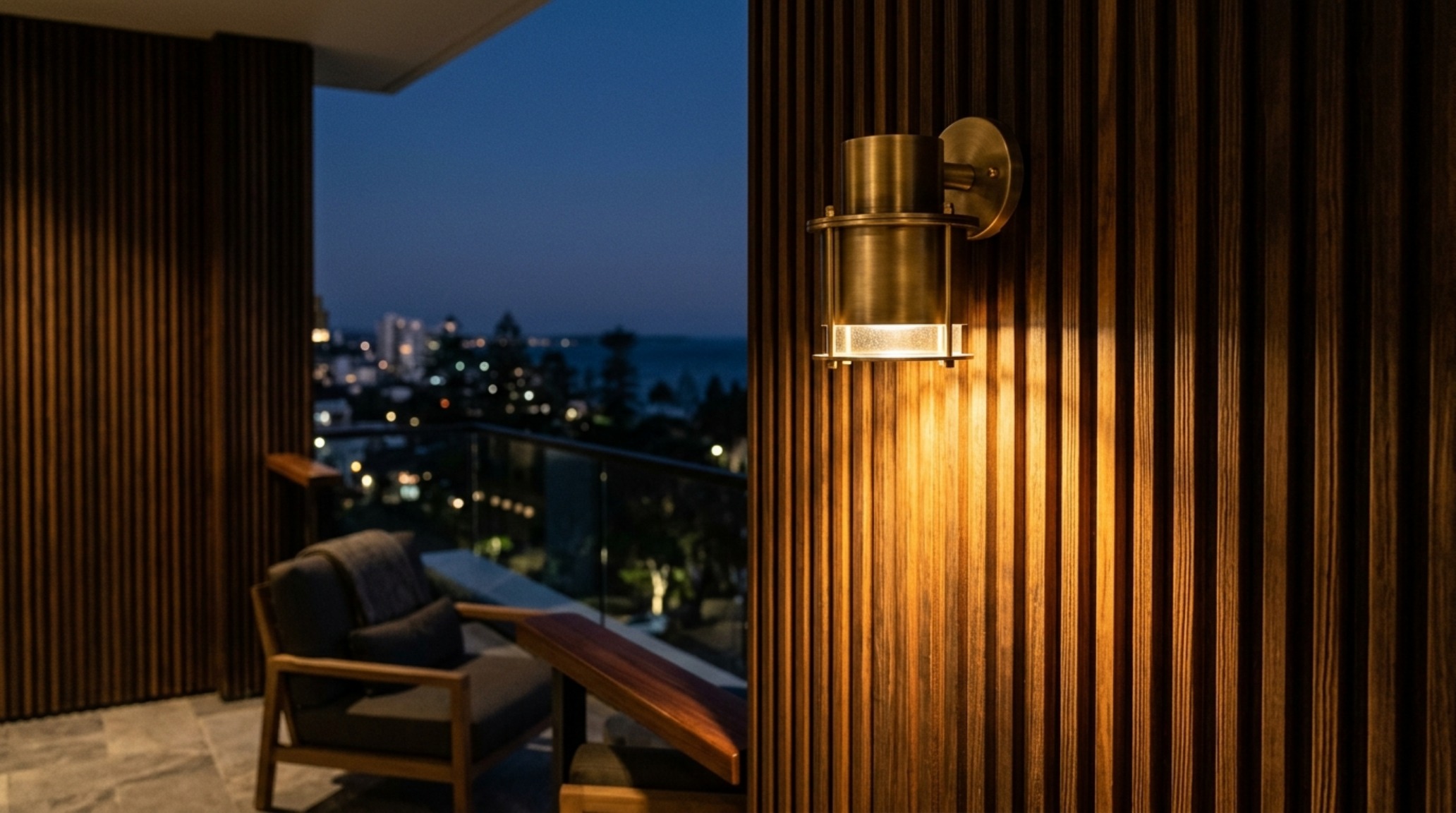 Detail of a fluted oak privacy screen on a balcony providing tactile warmth and creating a sophisticated spatial cadence in a narrow space. Detail of a fluted oak privacy screen on a balcony providing tactile warmth and creating a sophisticated spatial cadence in a narrow space.