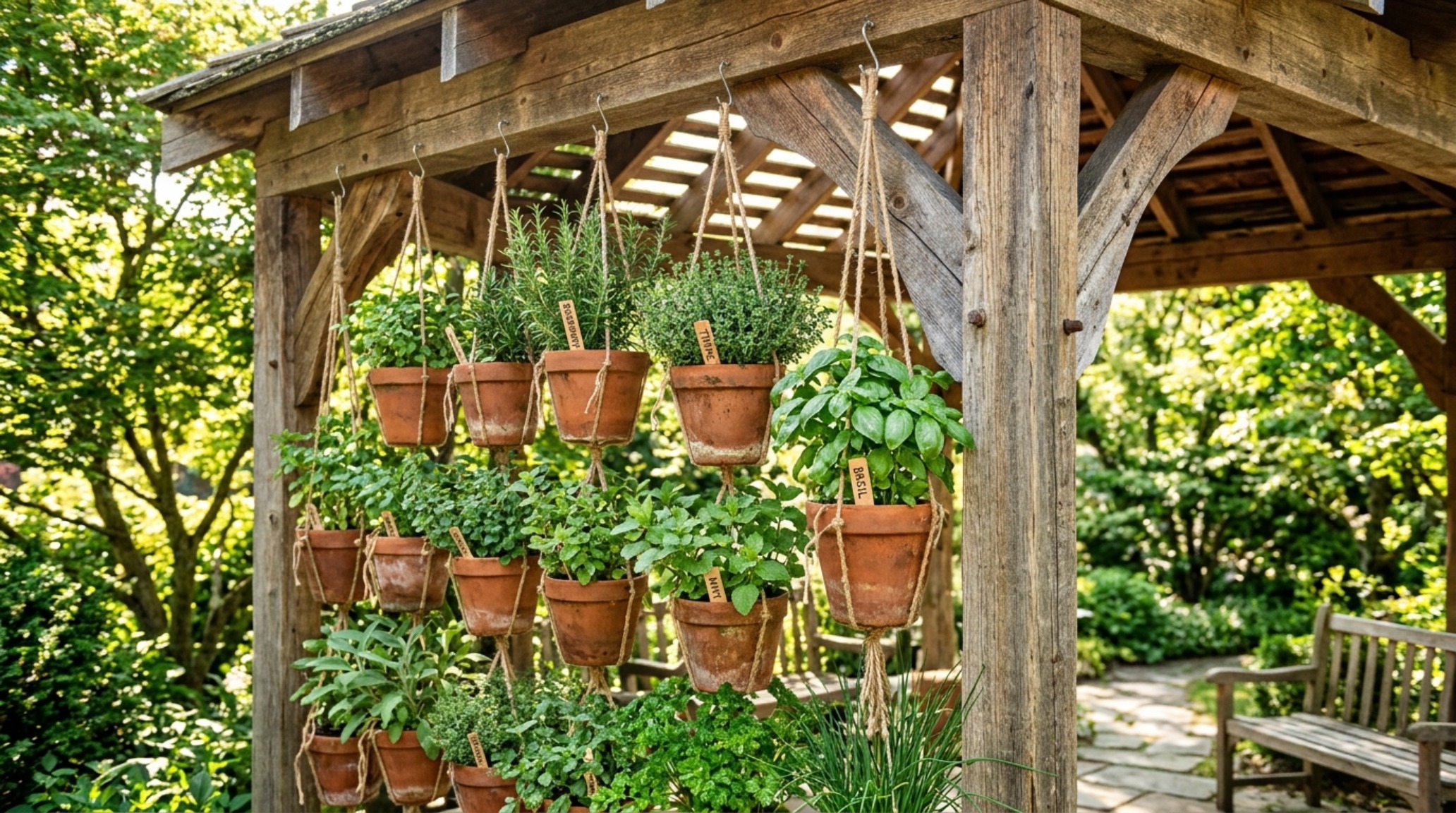 Vertical garden installation on the interior cedar rafters of a party porch, utilizing height to maximize small space floor area. Vertical garden installation on the interior cedar rafters of a party porch, utilizing height to maximize small space floor area.