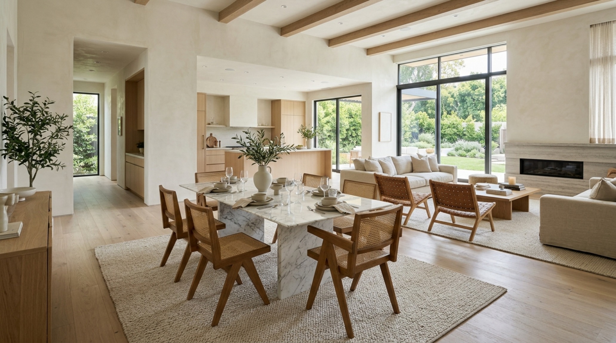Final architectural perspective of a multi-functional living zone where hidden media hubs and work-from-home stations disappear into the wall paneling.