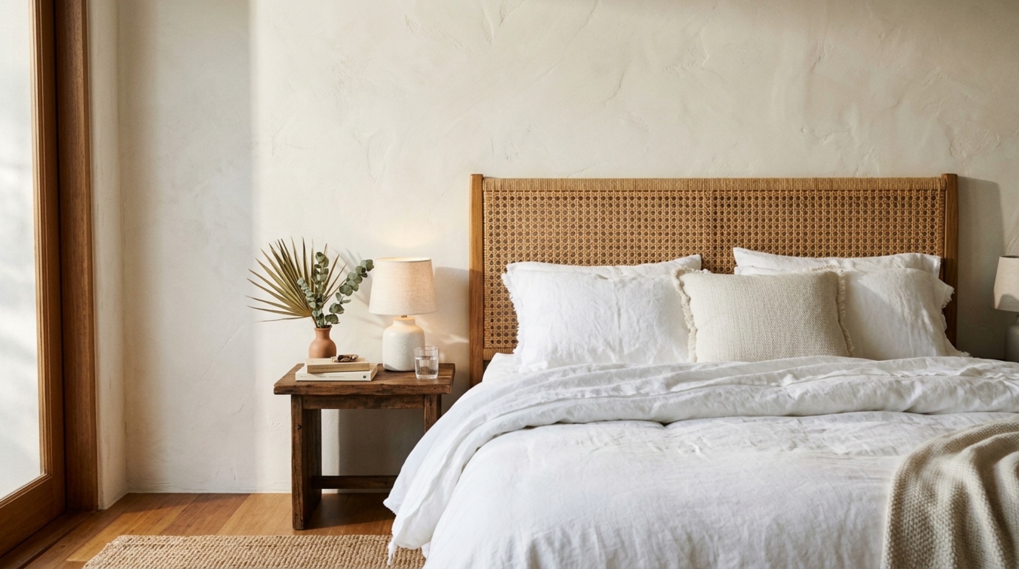 luxury modern tropical architecture textures detailing a bedroom wall with hand-applied lime wash plaster and woven rattan headboard luxury modern tropical architecture textures detailing a bedroom wall with hand-applied lime wash plaster and woven rattan headboard