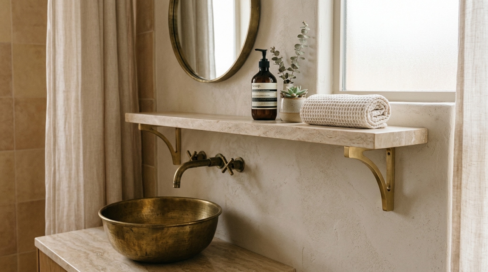 small space unusual shelf brackets in a bathroom setting supporting a honed travertine vanity top with concealed plumbing and open floor sightlines