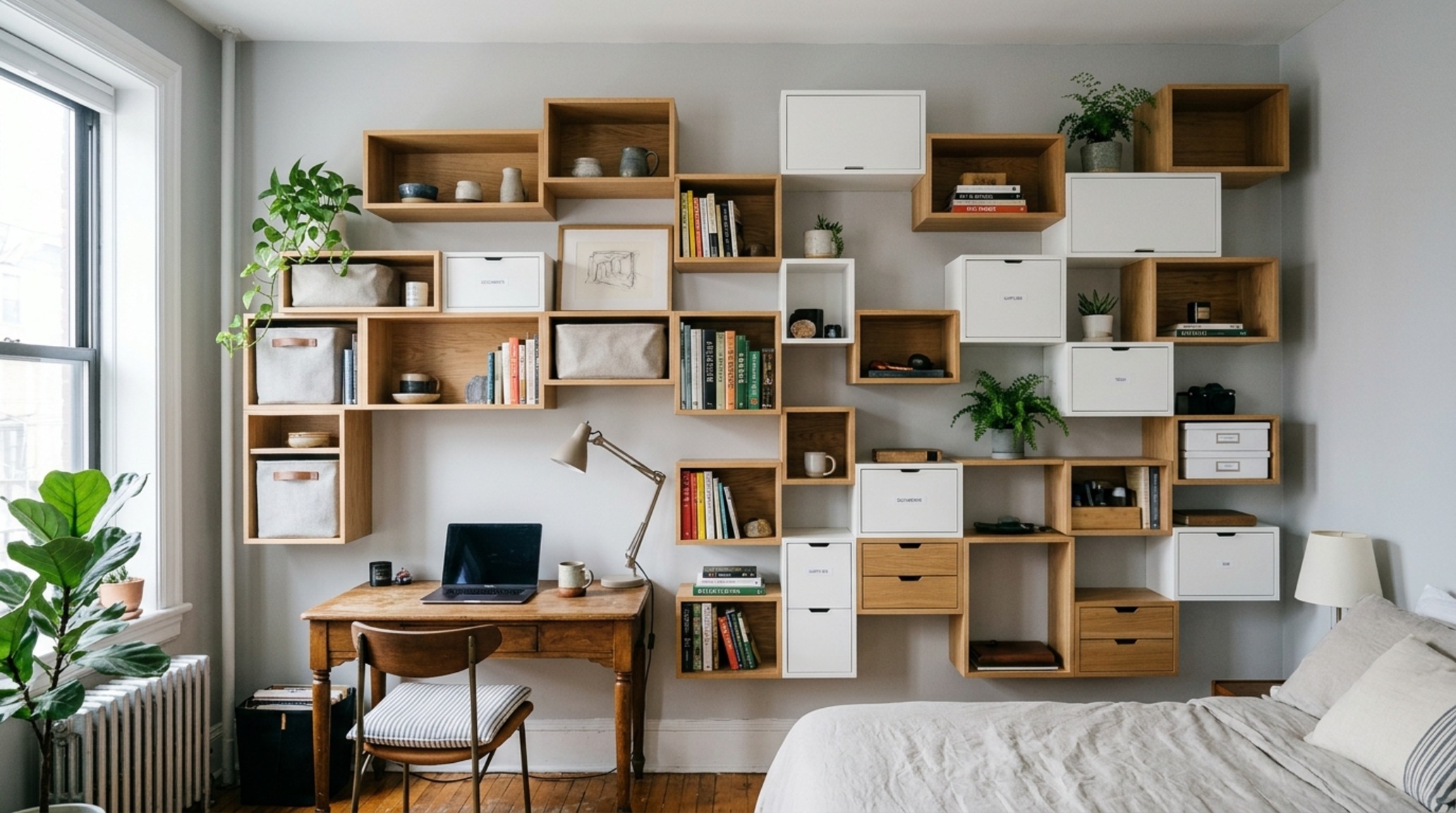 small space 30 shelves arranged in a staggered geometric pattern to create visual interest and negative space in a contemporary studio apartment.