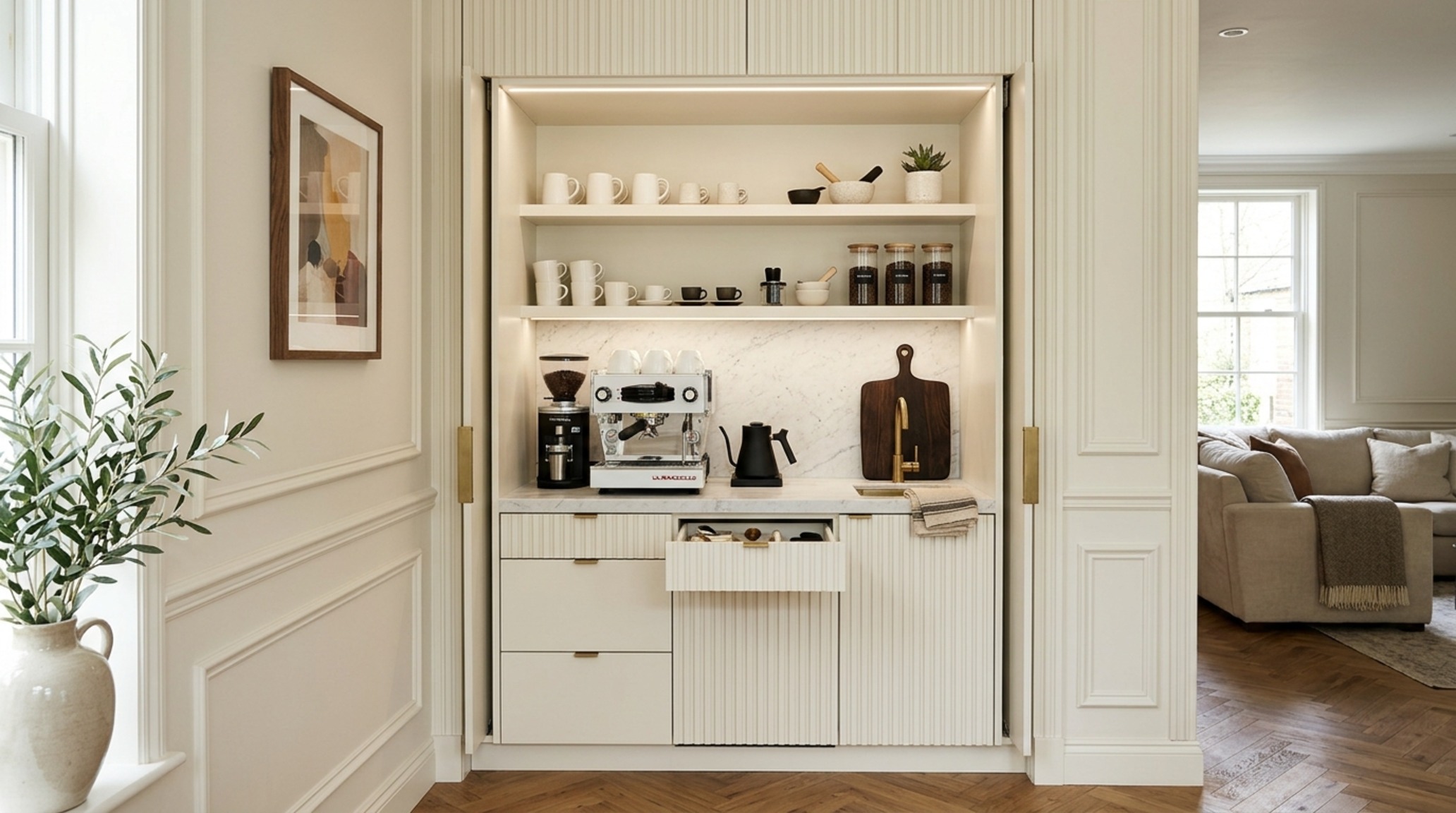 small space modern kitchen wall decor including a hidden appliance garage with pocket doors finished in a Swiss Coffee paint swatch. small space modern kitchen wall decor including a hidden appliance garage with pocket doors finished in a Swiss Coffee paint swatch.