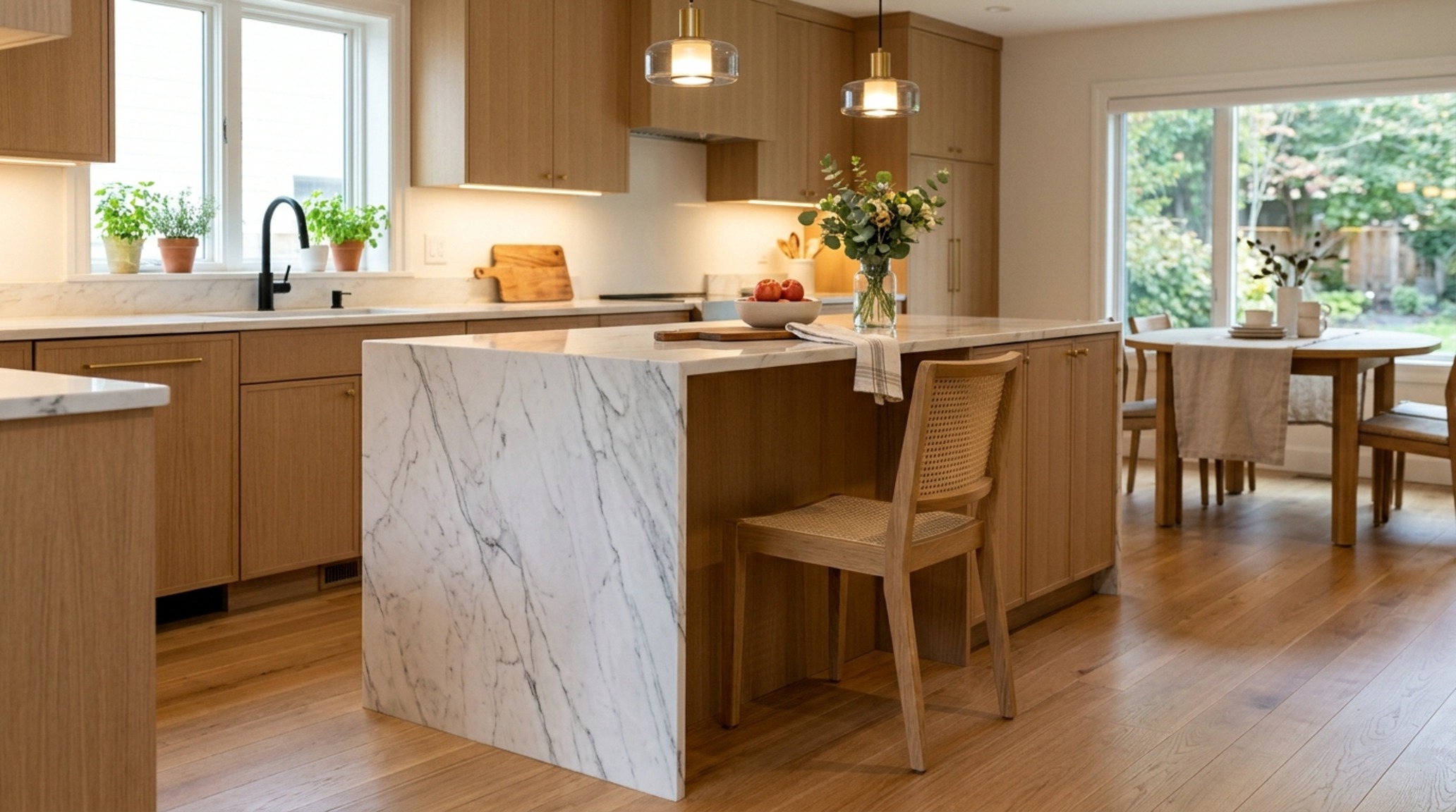 luxury l shaped kitchen designs textures of rift-sawn oak flooring meeting a waterfall marble edge on an L-shaped return, creating a sharp architectural line