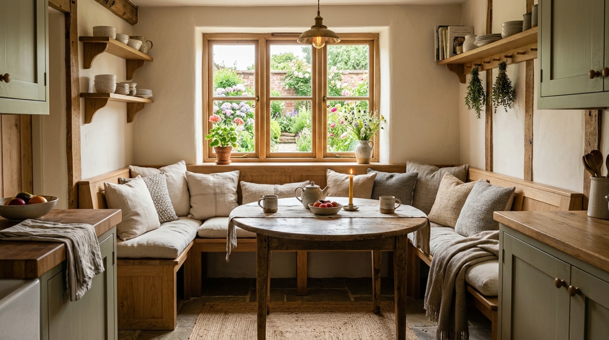 small space kitchen cabinet floor plans featuring a breakfast nook with built-in bench seating and hidden drawer storage underneath for linens.