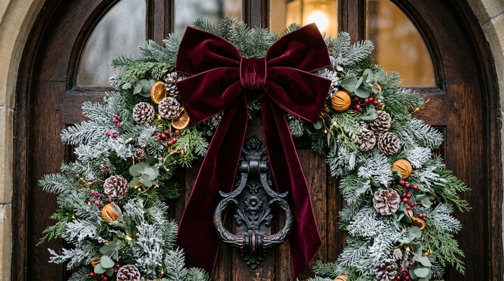 luxury front door christmas decorating ideas textures with oversized silk-velvet bows and vintage iron hardware on a custom steel entrance.