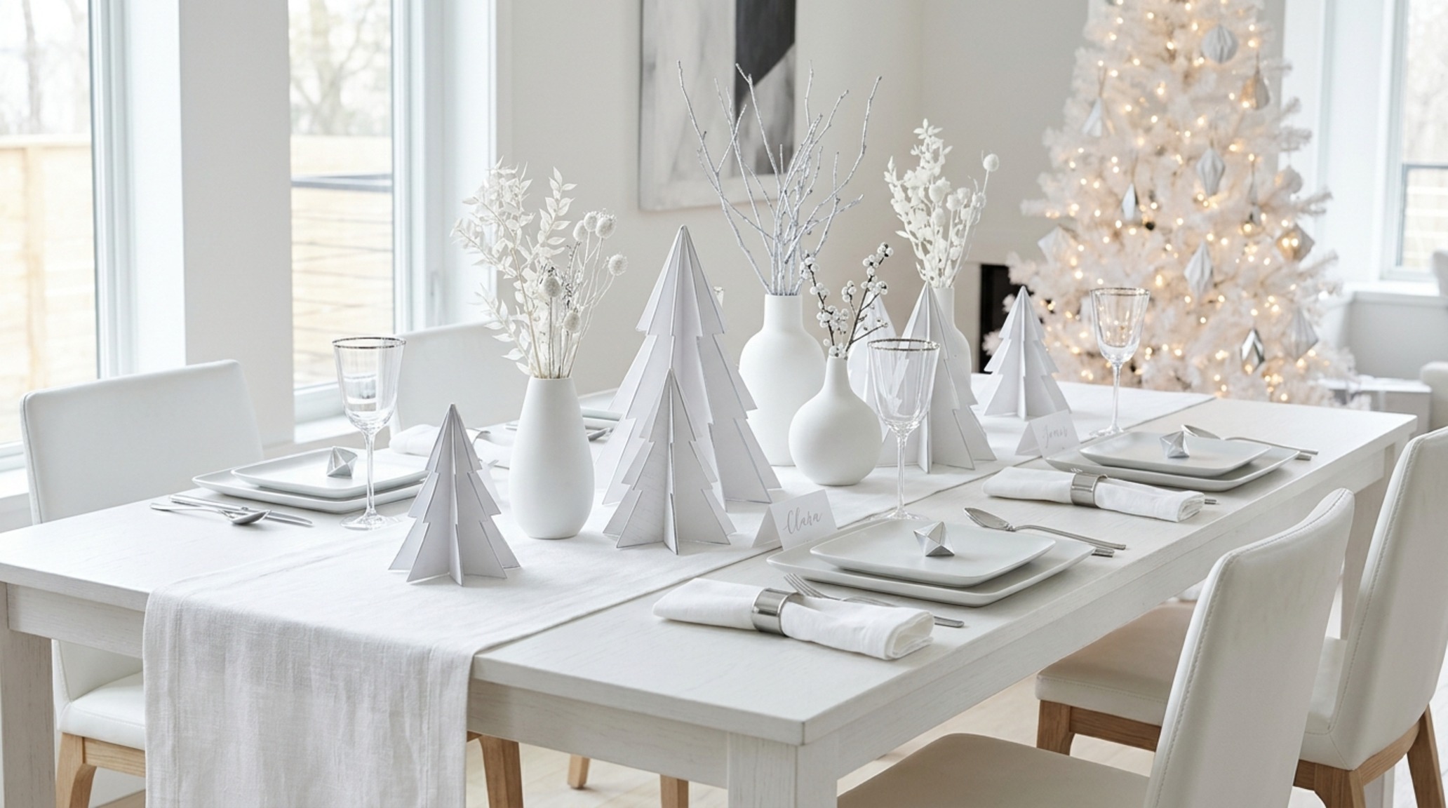 modern table decorations for christmas ideas featuring a monochromatic palette of whites and metallics for a sophisticated and streamlined festive look modern table decorations for christmas ideas featuring a monochromatic palette of whites and metallics for a sophisticated and streamlined festive look