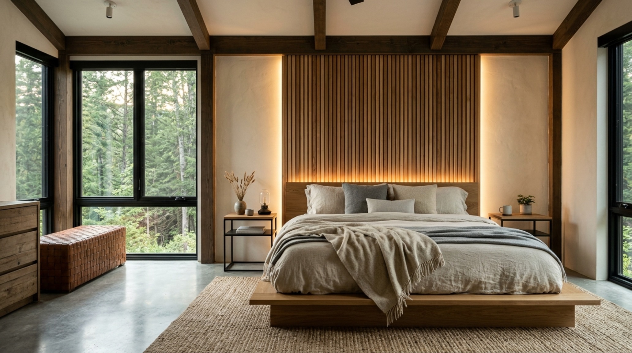 Modern modern rustic furniture ideas showcasing a platform bed with vertical wood slats and recessed bedside atmospheric lighting. Modern modern rustic furniture ideas showcasing a platform bed with vertical wood slats and recessed bedside atmospheric lighting.