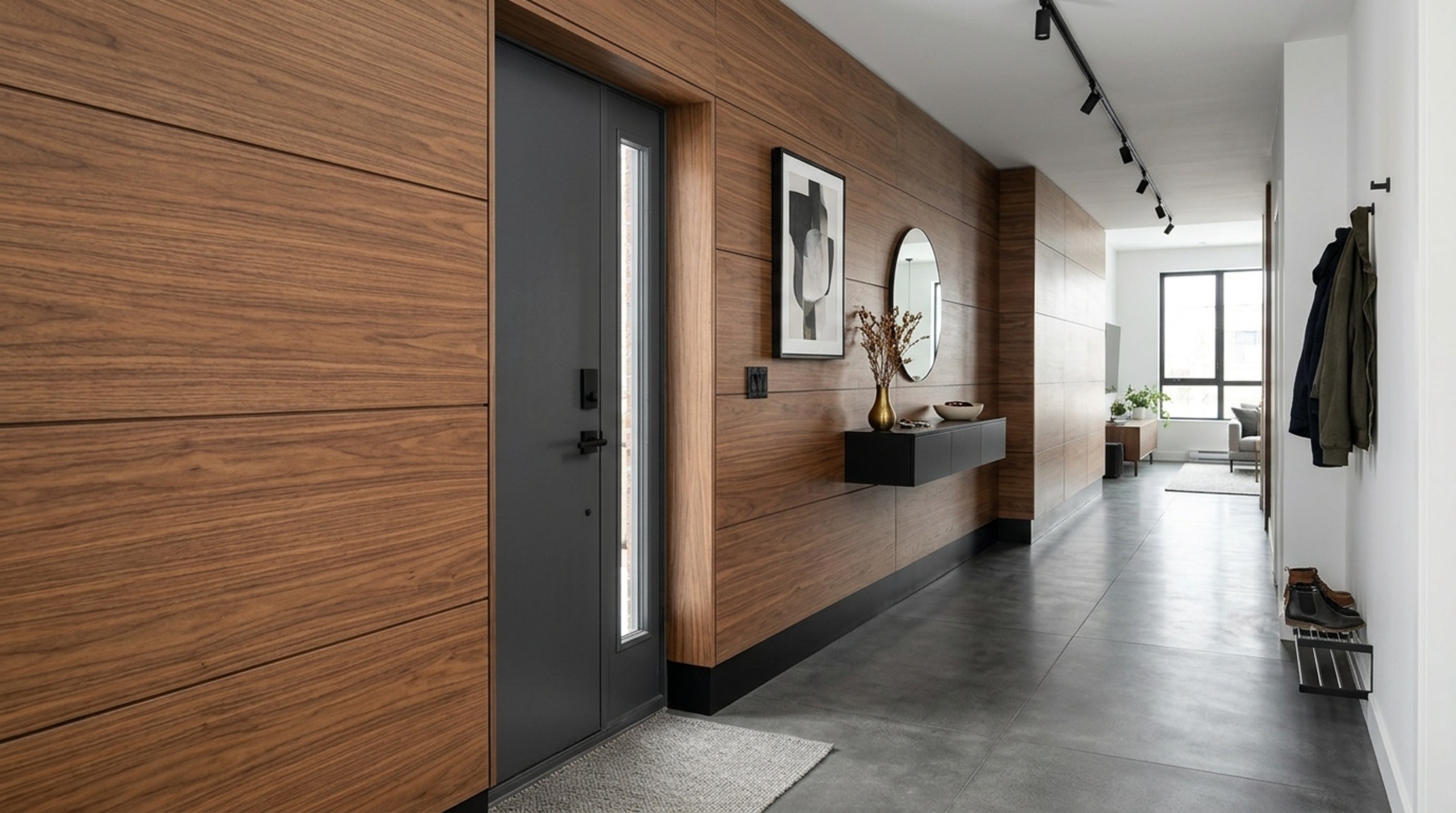 small space wall panels interior design with horizontal wood grain panels that visually expand a narrow urban apartment entry. small space wall panels interior design with horizontal wood grain panels that visually expand a narrow urban apartment entry.