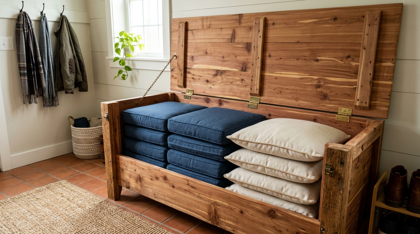 Functional hidden storage under a custom cedar outdoor bench, perfect for decluttering small apartment balcony spaces.