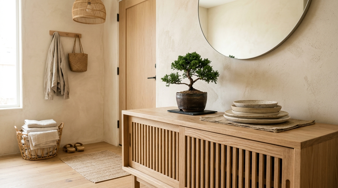 Japandi style entryway with a light oak console, dried botanicals, and soft indirect lighting.