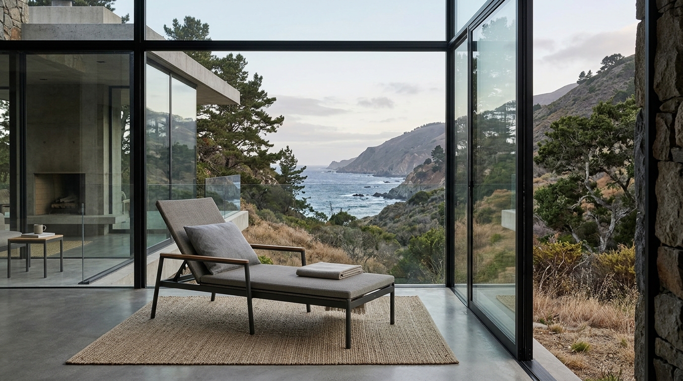 Elegant outdoor furniture with slim profiles and linen cushions arranged in a central glazed patio to maximize negative space and circulation.