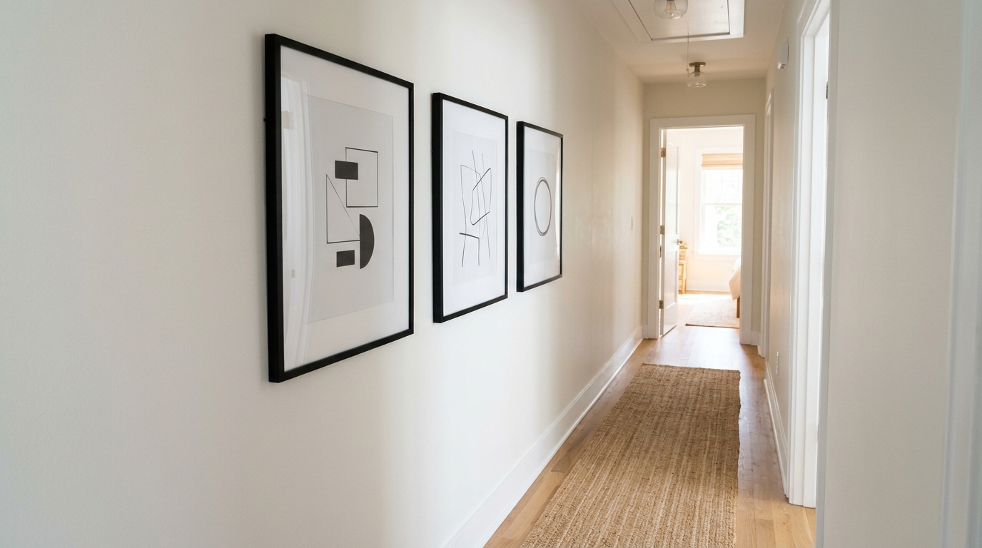 A sequence of three minimalist black-framed prints leading the eye down a narrow corridor with white oak flooring. A sequence of three minimalist black-framed prints leading the eye down a narrow corridor with white oak flooring.