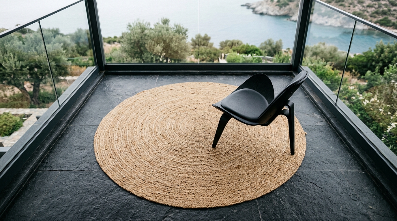 Overhead perspective of a compact balcony layout using circular rugs to define zones and soften the architectural lines.