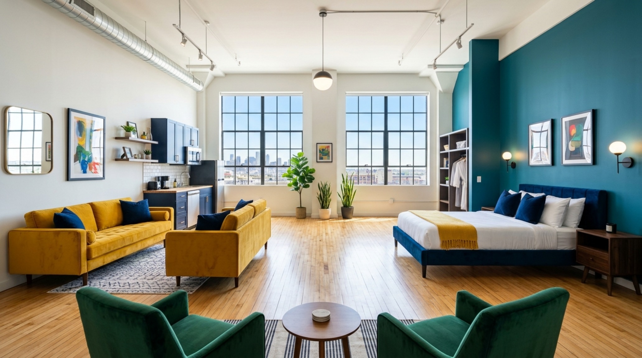 View from the sleeping area toward the living space, showing clear sightlines and the architectural cadence of the nick olsen studio apartment video 0711 decor ideas.