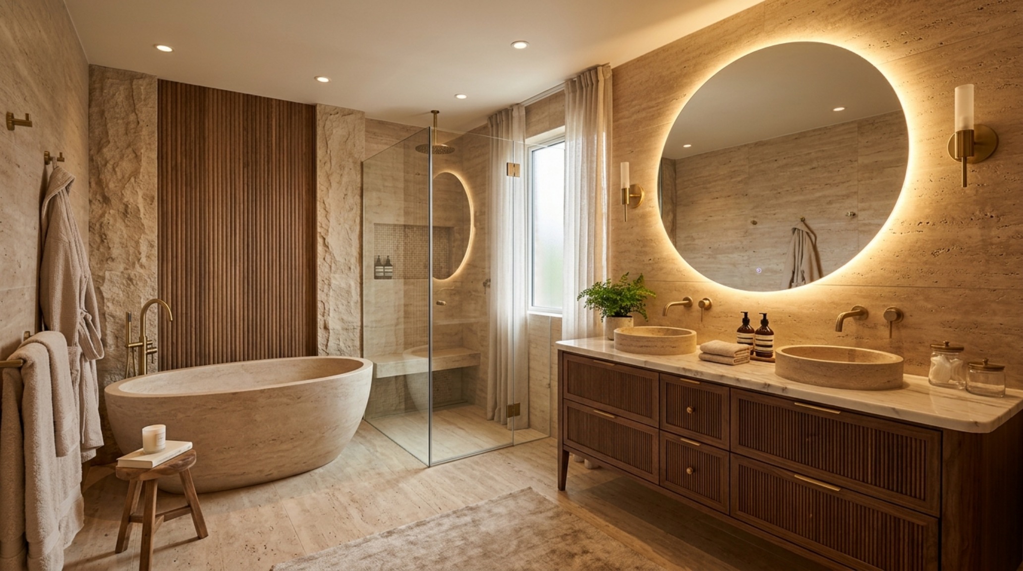 Elegant bathroom vanity featuring silver travertine counters and matte black fixtures, an example of luxury coastal cowgirl design trend decor ideas.