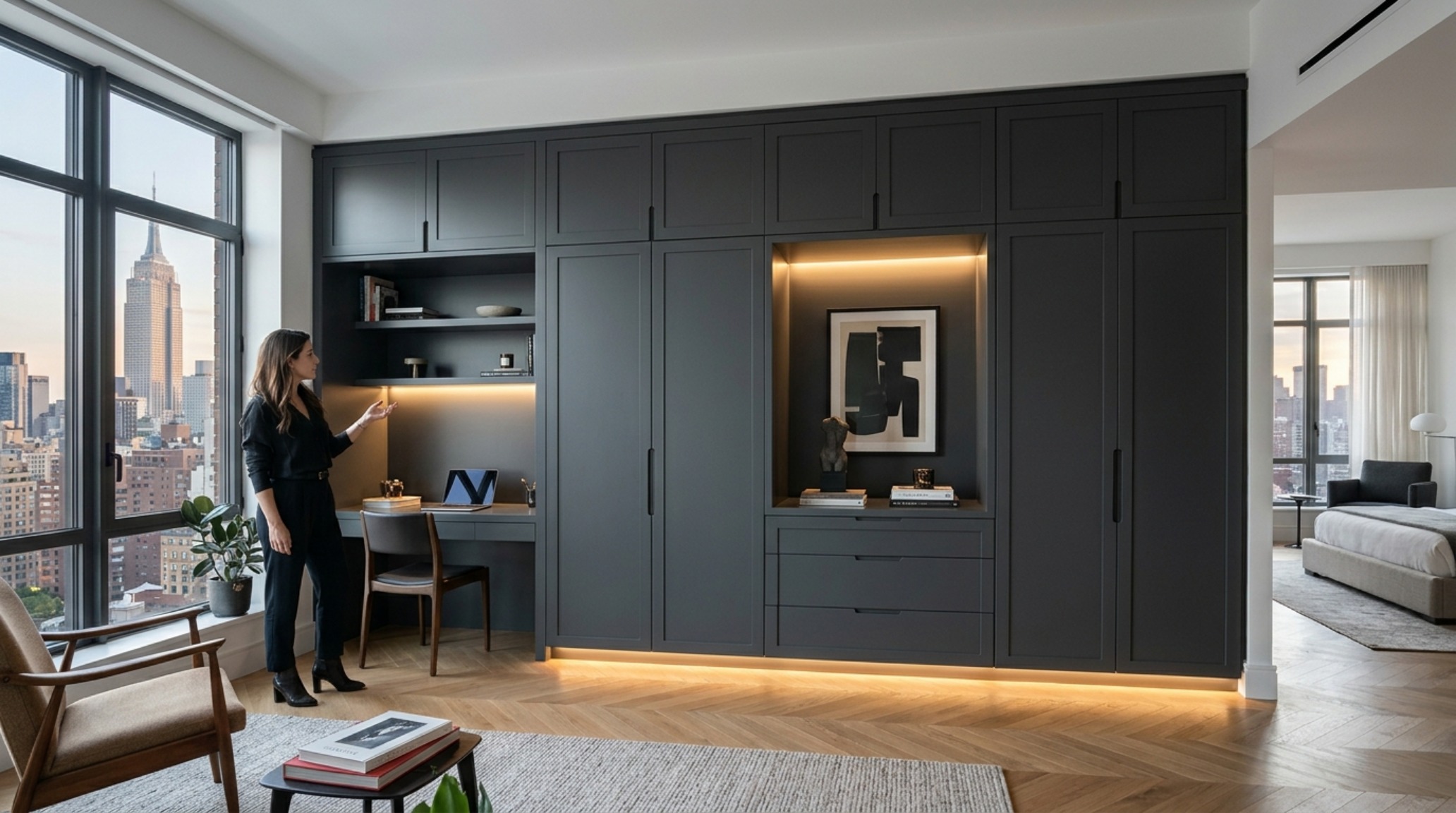 An architectural detail of custom-fitted wardrobes that blend into the wall color, minimizing visual noise in a small urban footprint.