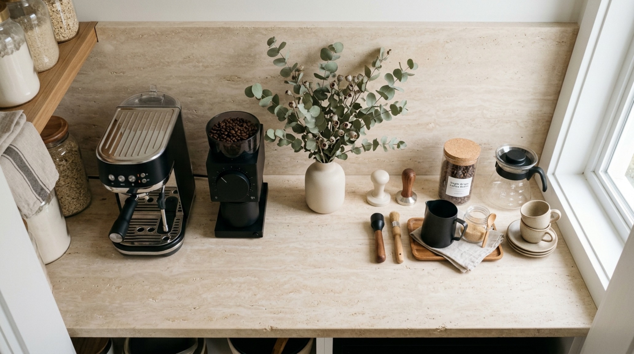 Overhead view of a pantry workstation with a honed travertine surface and integrated charging stations for modern lifestyle needs.