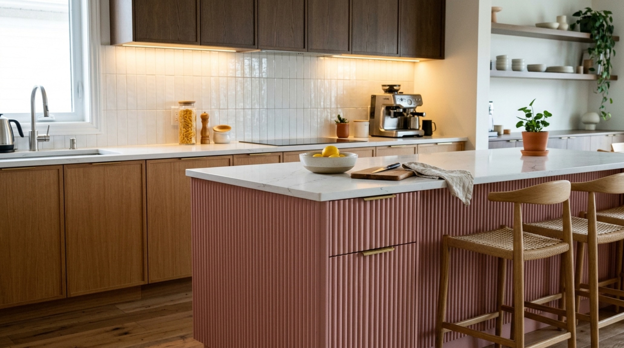Gourmet kitchen highlighting the golden triangle layout and subtle pink tile backsplash under 3000K task lighting.