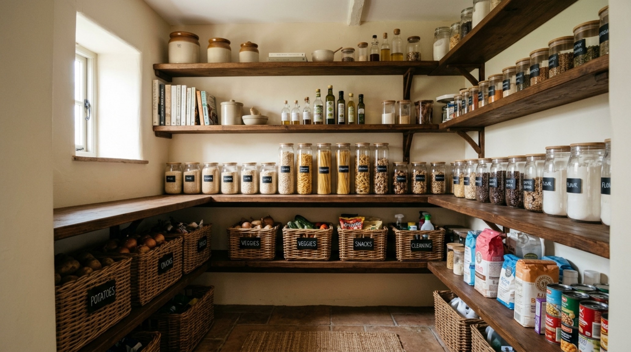 Small pantry organization ideas layout with 12-inch depth shelves and labeled wicker baskets for a tactile, grounded look.