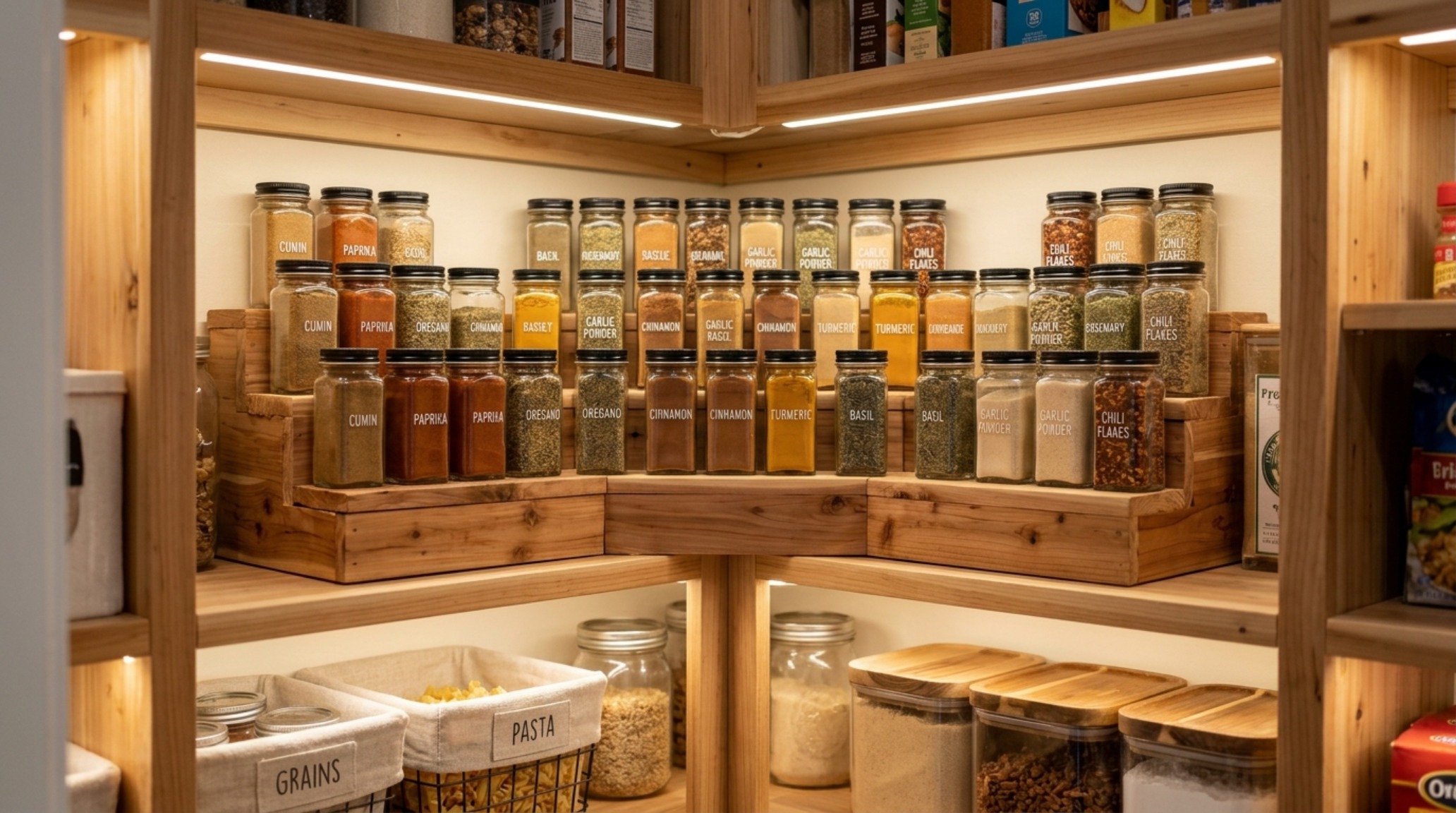 A corner pantry solution featuring a tiered 'Lazy Susan' and stadium-style spice risers to maintain clear sightlines and accessibility.