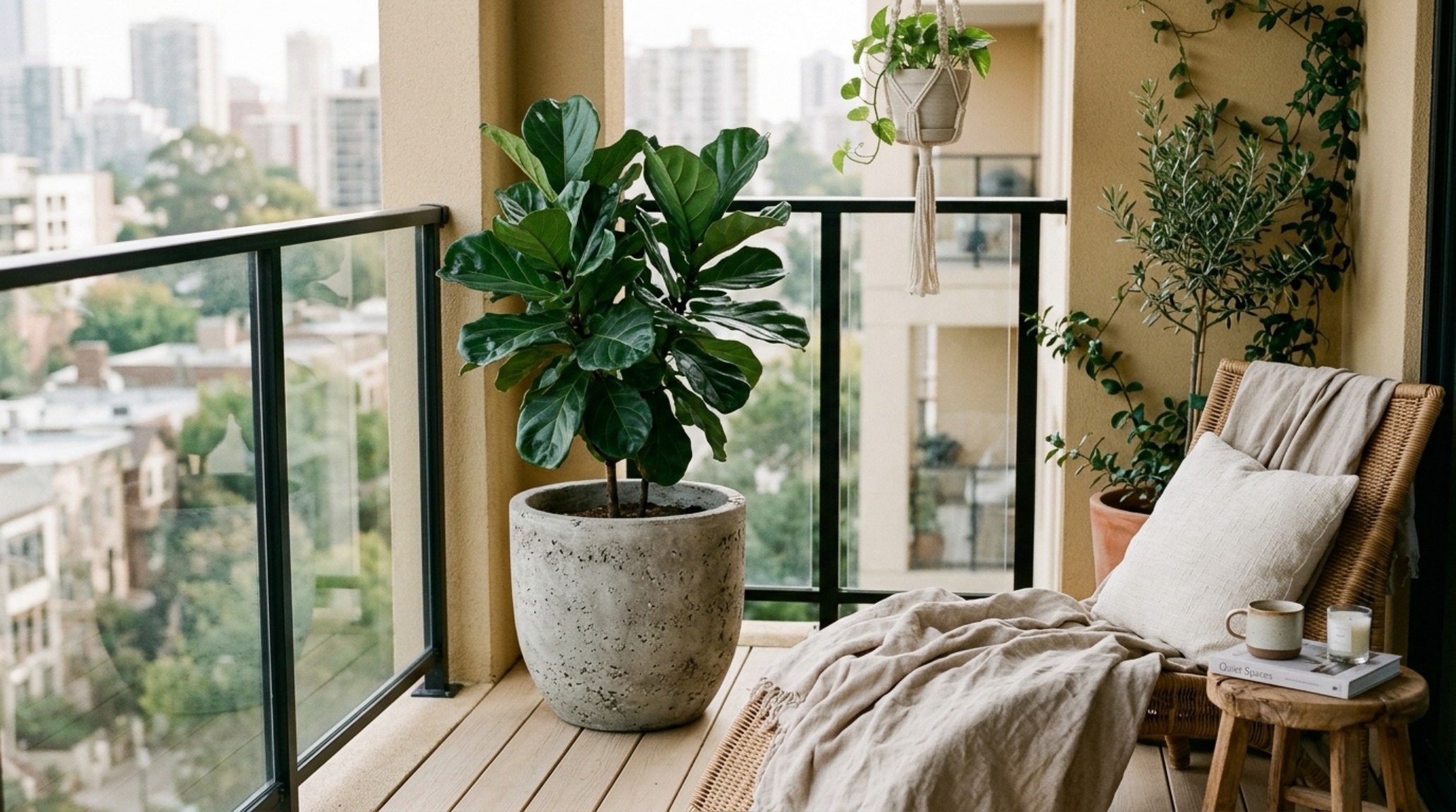 A cozy urban balcony corner with a high-CRI rechargeable lantern and a small olive tree in a terracotta pot for organic grounding. A cozy urban balcony corner with a high-CRI rechargeable lantern and a small olive tree in a terracotta pot for organic grounding.