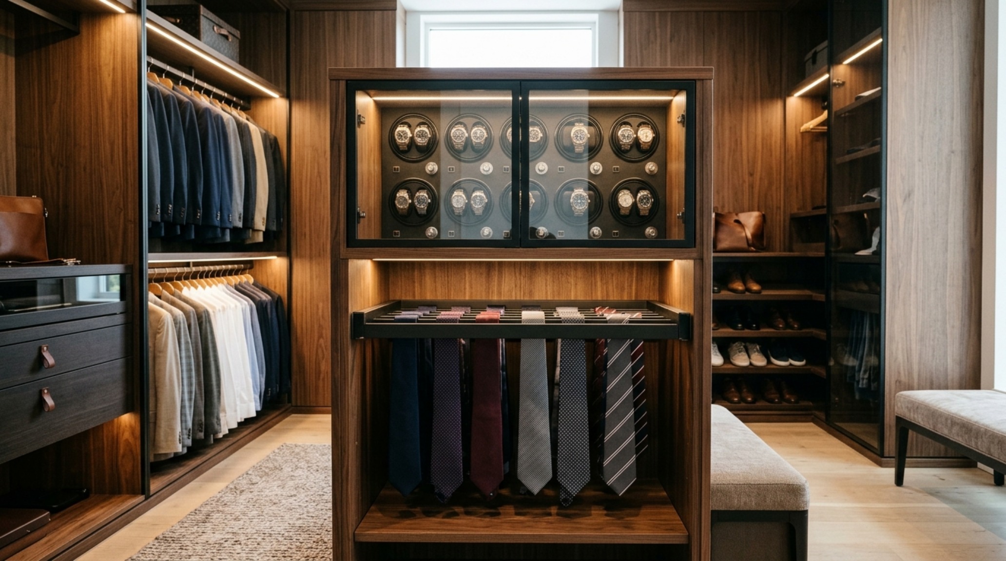 Modern walk in clothes closet ideas featuring a monochromatic color palette of Benjamin Moore Swiss Coffee and matte black accents.