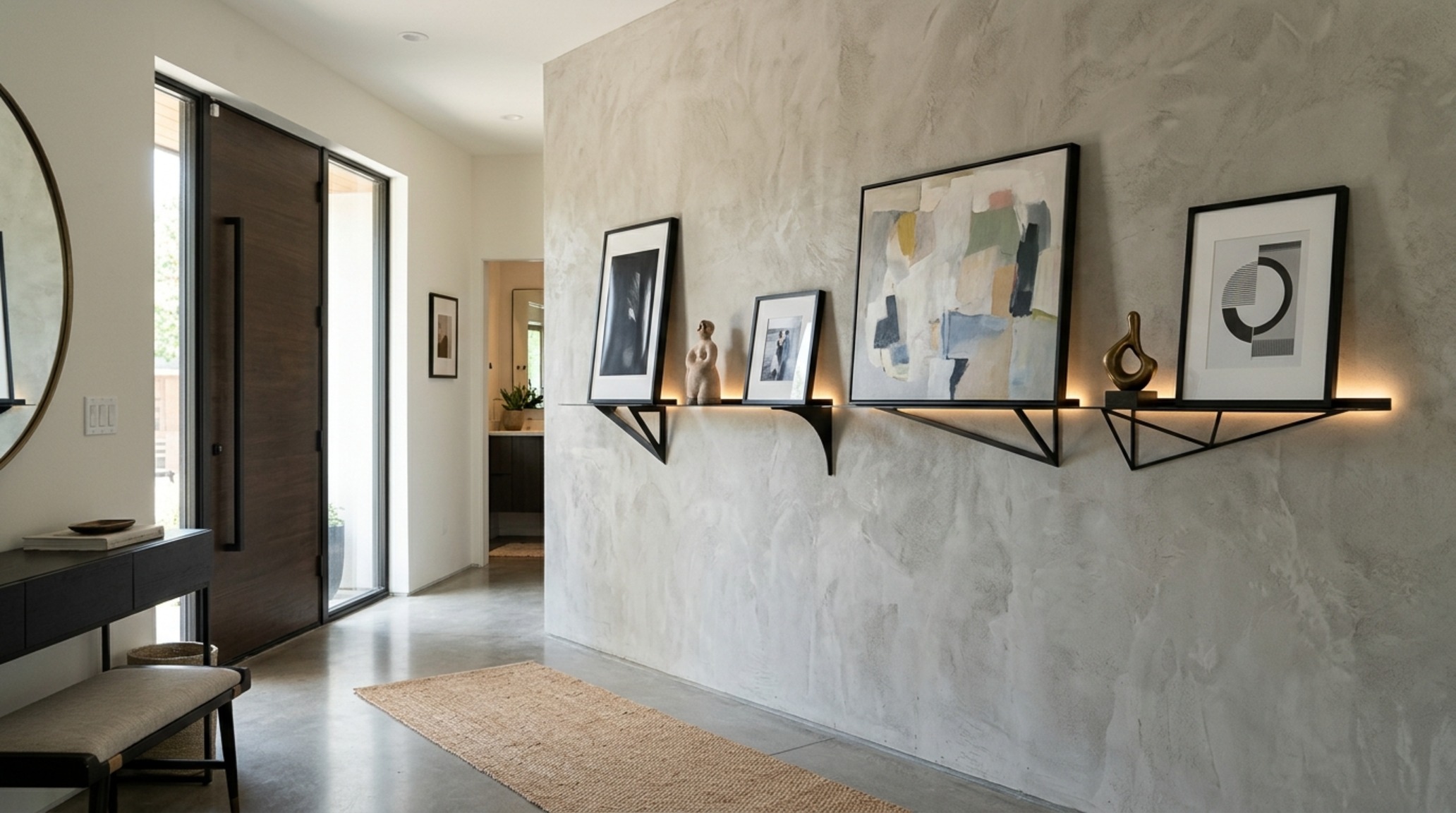 modern unusual shelf brackets ideas for an entryway gallery with 60-inch eye-level alignment and thin profile architectural steel supports