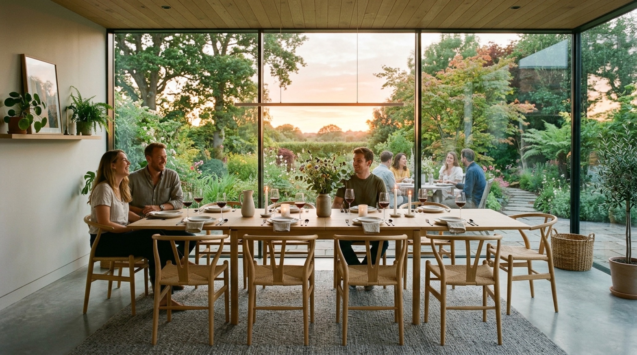 modern best dining sets ideas featuring a modular expandable dining table in an open-concept living area with floor-to-ceiling windows