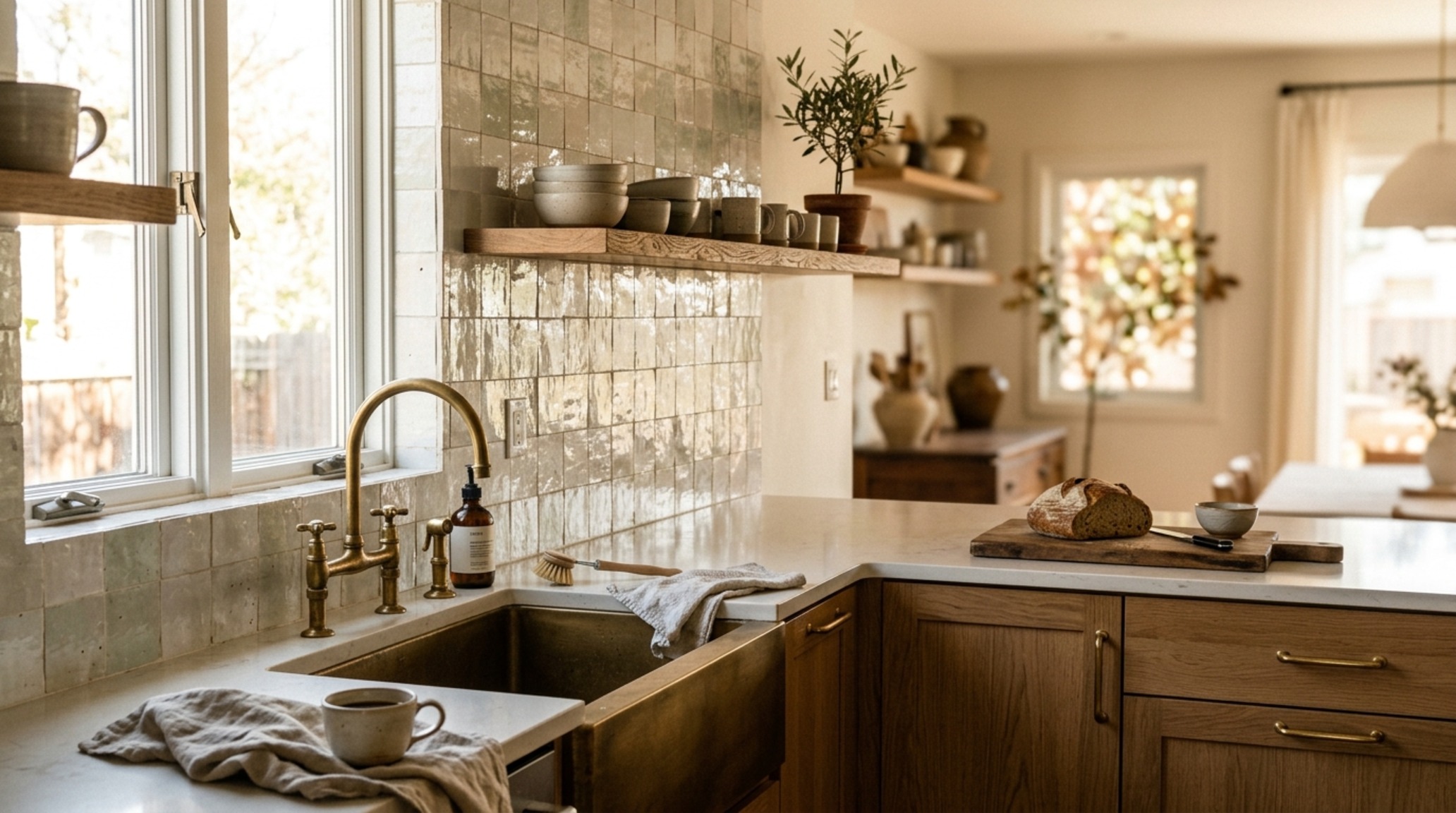 modern l shaped kitchen designs ideas showing a minimalist wall with open walnut shelving and a collection of curated ceramic vessels for a breathable spatial cadence