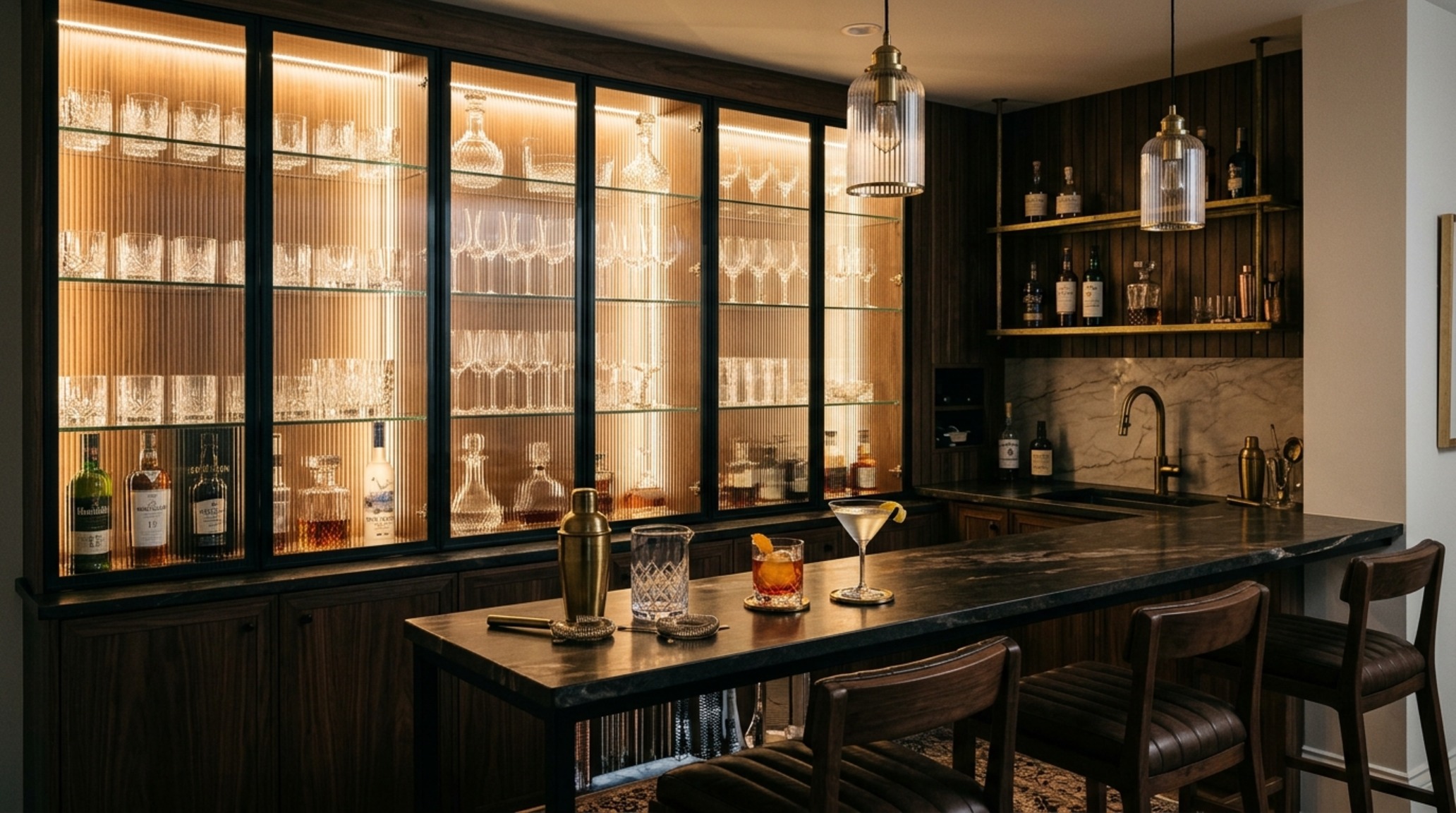 luxury kitchen cabinet floor plans textures focusing on a custom beverage station with integrated espresso machine and matte black reeded glass doors.