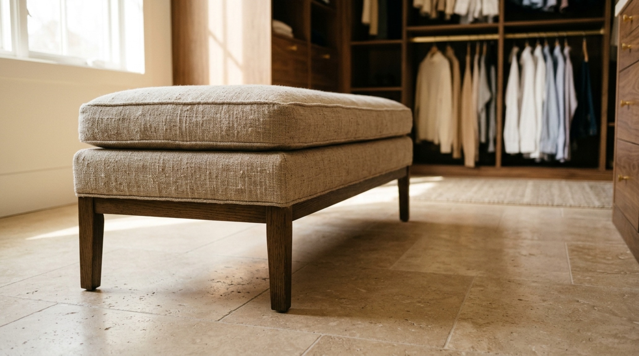 luxury walk in clothes closet textures showing the contrast between soft Belgian linen wall coverings and hard honed stone surfaces luxury walk in clothes closet textures showing the contrast between soft Belgian linen wall coverings and hard honed stone surfaces