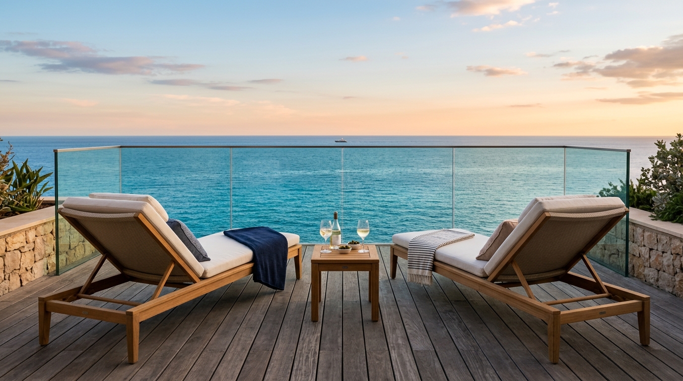 Symmetry in design: two low-profile lounge chairs facing a city view, demonstrating sightline alignment in small apartment balcony ideas architecture.