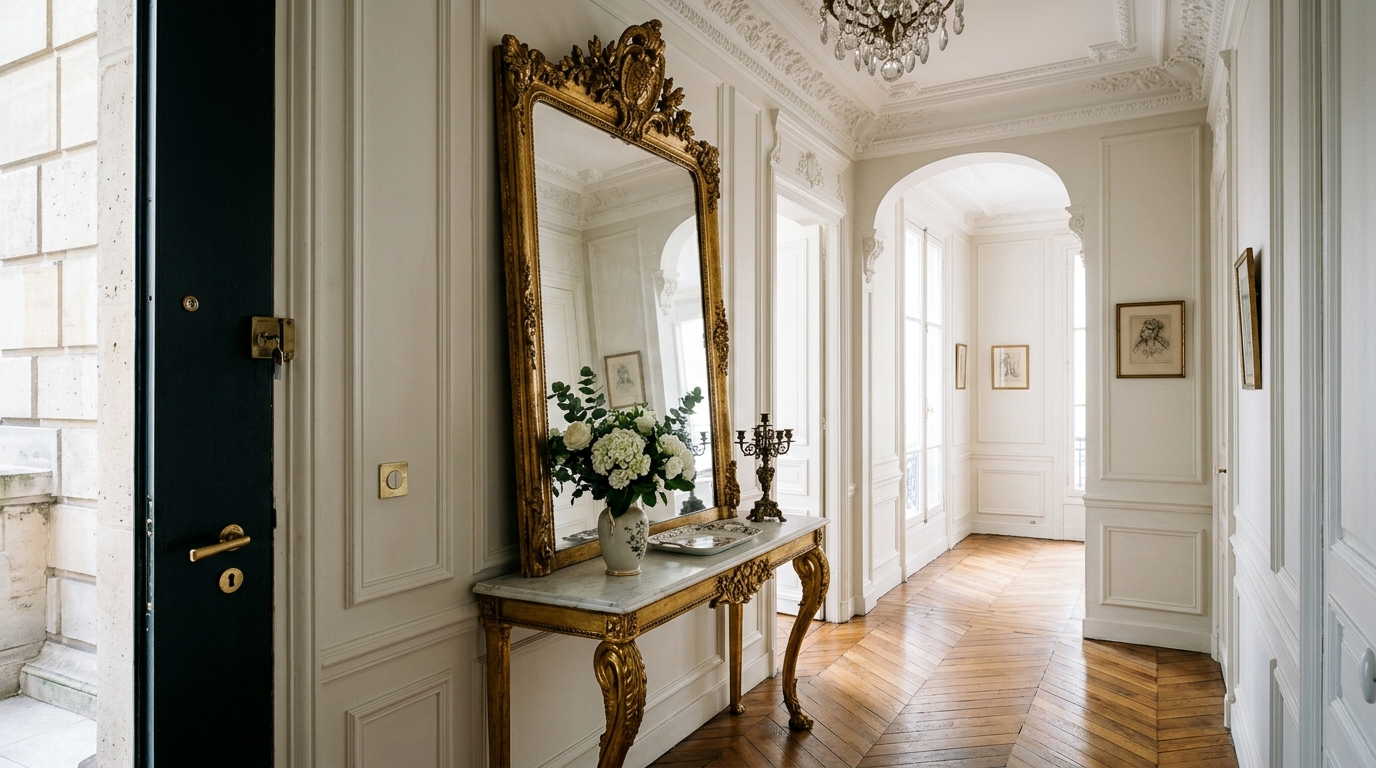 Parisian chic narrow entryway ideas with an ornate gold mirror above a very slim marble console.