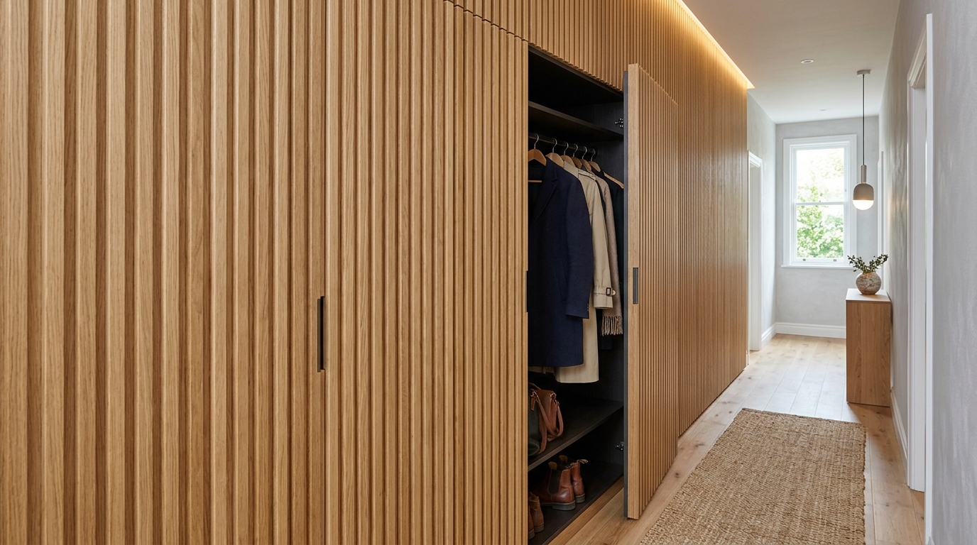 Built-in narrow entryway ideas architecture showcasing a recessed coat closet with seamless fluted oak doors. Built-in narrow entryway ideas architecture showcasing a recessed coat closet with seamless fluted oak doors.