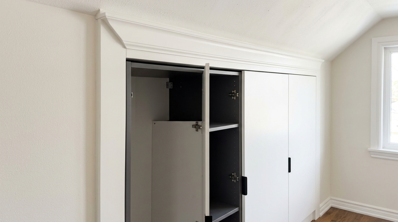 Narrow entryway ideas architecture showcasing a built-in look using recessed Pax frames and custom minimalist face frames to hide gaps.