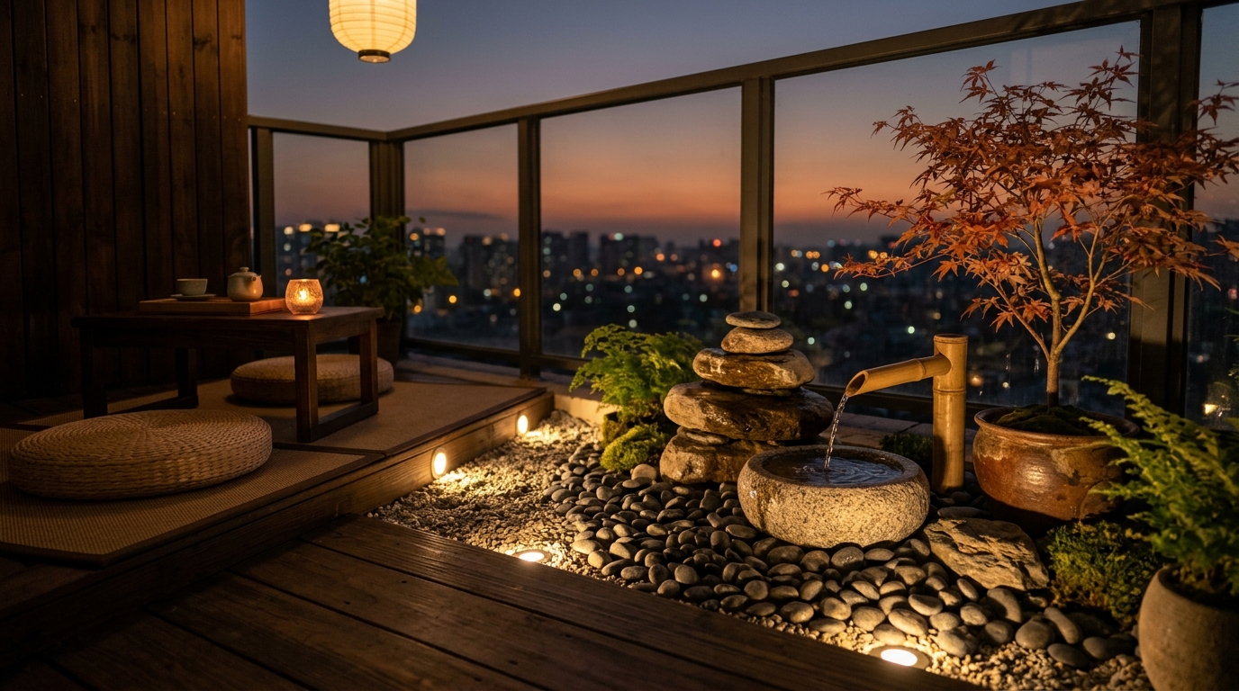 Zen-inspired balcony layout with a small stone water feature and integrated floor-level lighting for evening meditation.