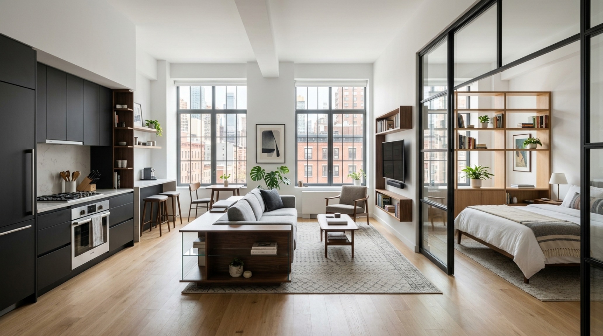 Wide-angle shot of a Kroesser Strat inspired studio apartment showing the seamless transition between living, dining, and sleeping zones. Wide-angle shot of a Kroesser Strat inspired studio apartment showing the seamless transition between living, dining, and sleeping zones.