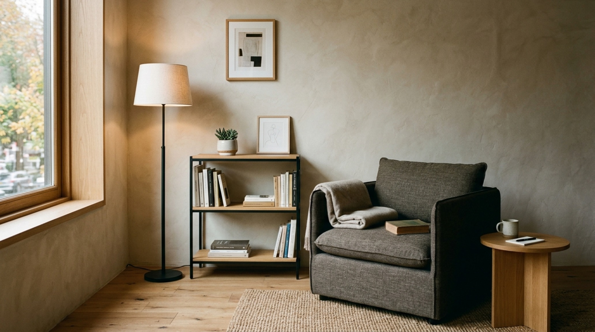 A cozy reading nook created with a single 7th Avenue module and ottoman, positioned next to a built-in bookshelf in a limewash-walled study.