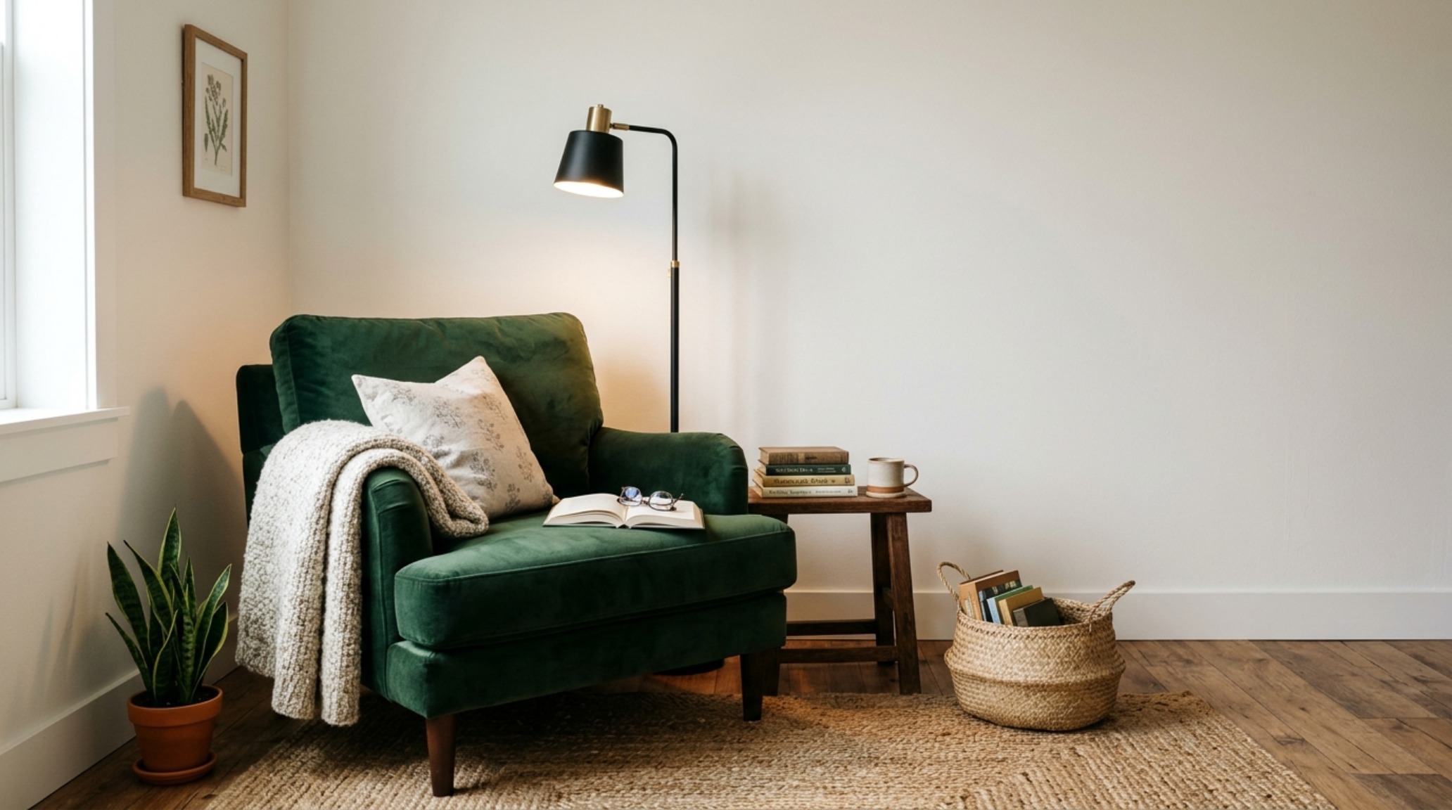 Side profile of a streamlined velvet armchair placed near a window, utilizing the 'negative space breathing room' concept in modern design.