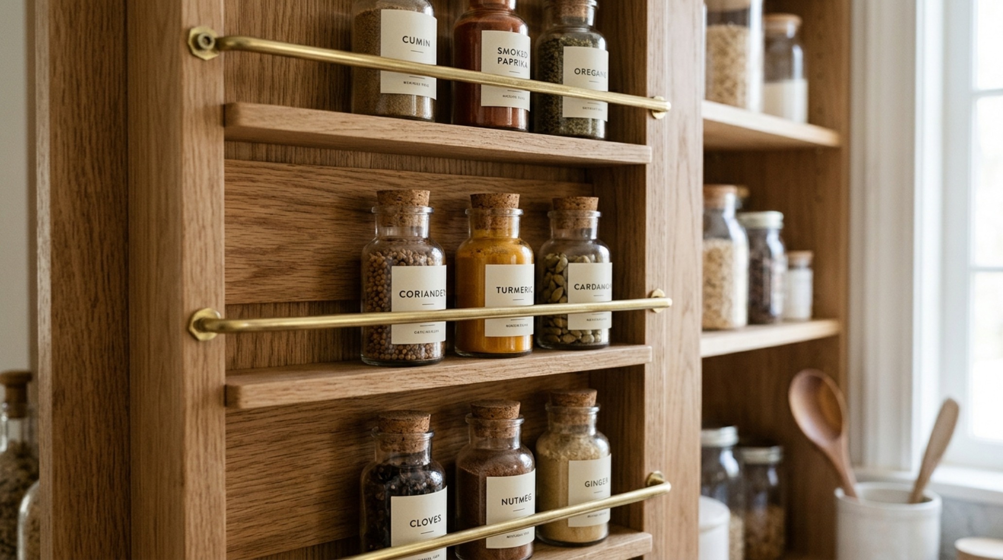 Sophisticated pantry storage featuring a built-in spice rack and herb station with brushed brass accents and natural light from a hidden skylight.
