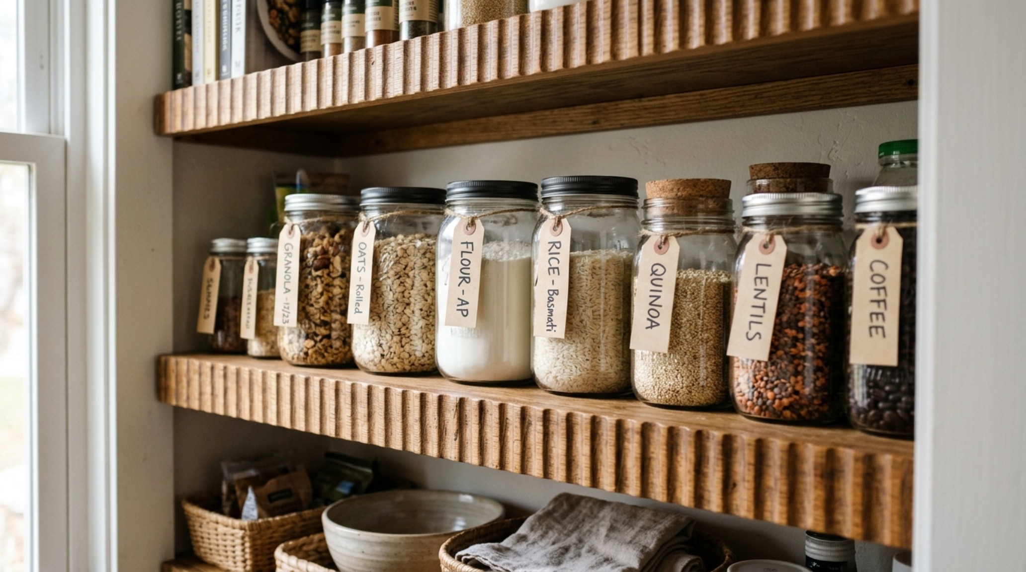 The 'Golden Zone' of a pantry with frequently used grains in glass jars at 30-inch height, surrounded by natural seagrass baskets.