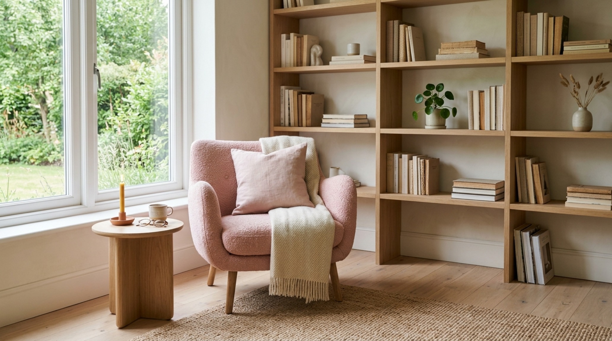 Zen-like meditation corner with a single pink silk floor cushion and natural oak flooring, emphasizing negative space and quiet luxury.