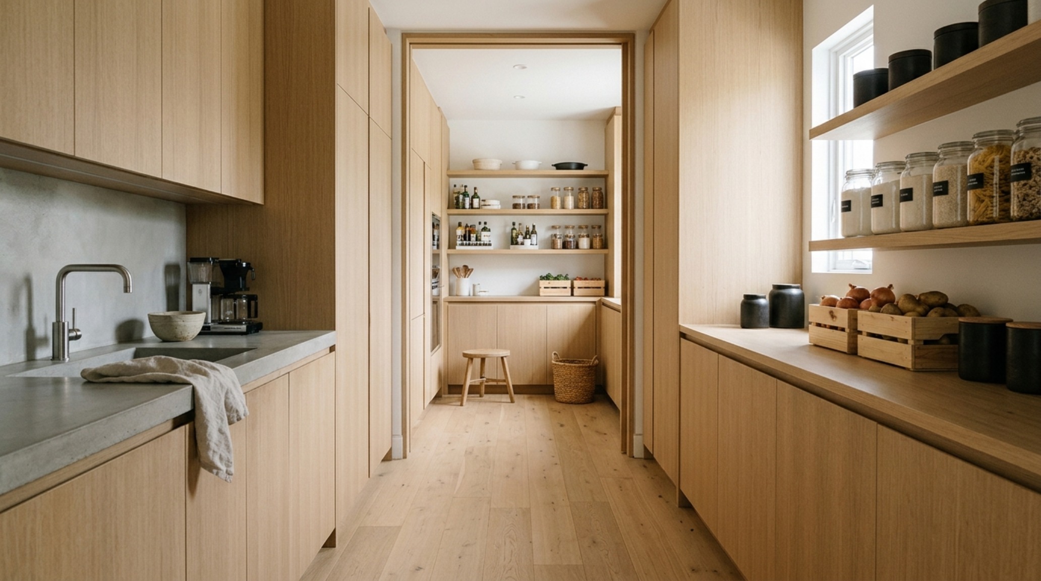 Architectural detail of pocket doors sliding into a wall to reveal a perfectly staged butler's pantry.