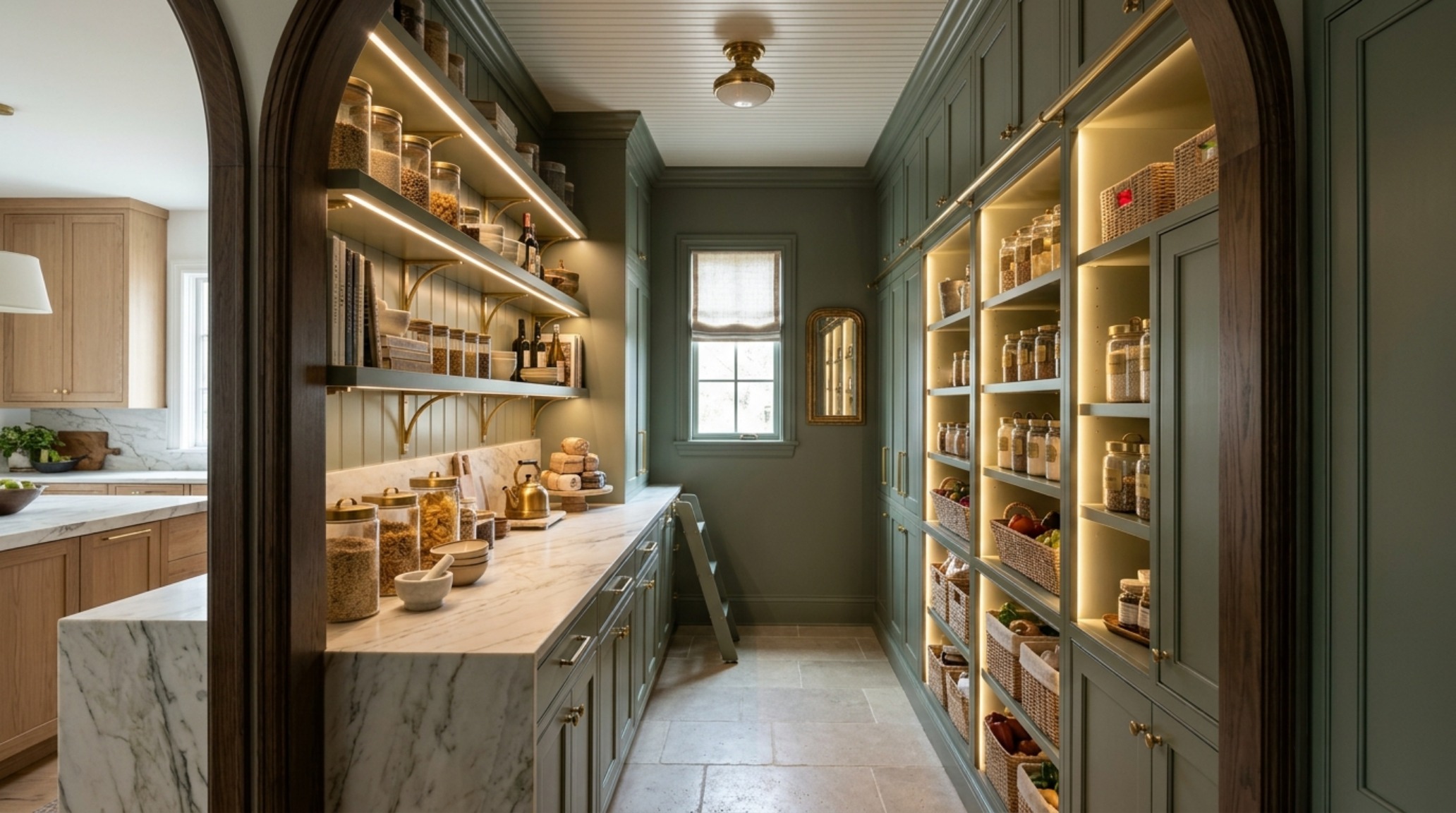 Architectural view of a pantry-laundry hybrid room with unified cabinetry in Farrow and Ball Setting Plaster and slate tile floors.