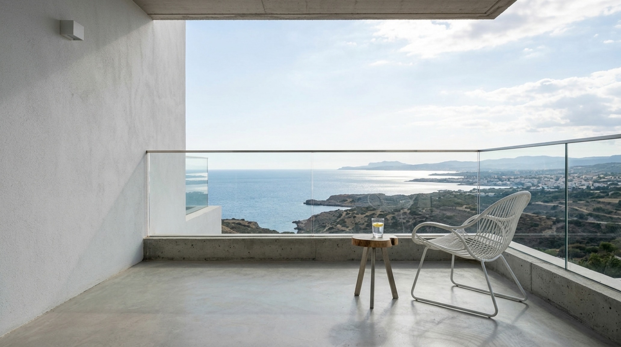 Spatial layout of a minimalist balcony with a floating timber bench and negative space used to enhance the urban mountain view. Spatial layout of a minimalist balcony with a floating timber bench and negative space used to enhance the urban mountain view.