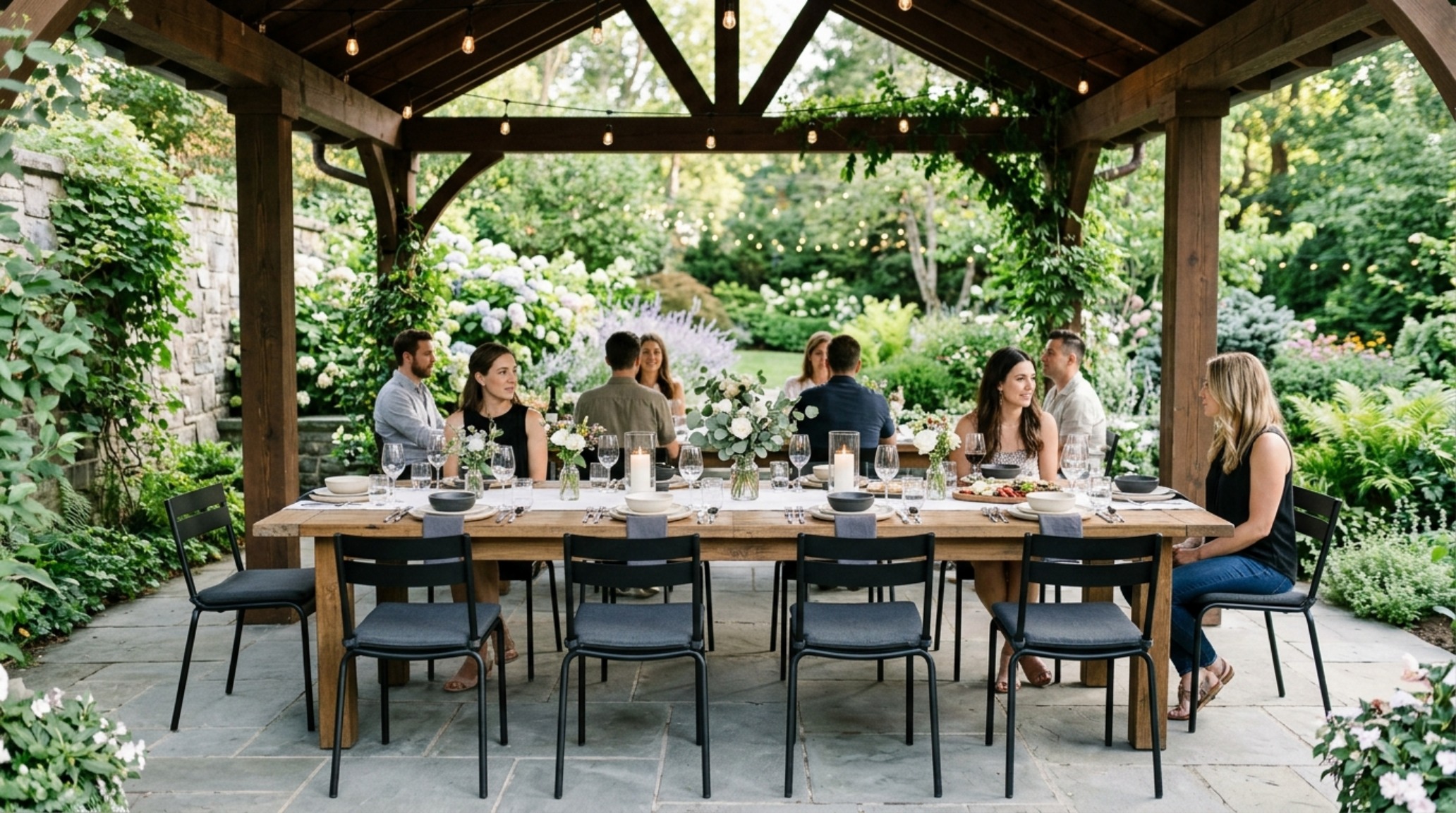 Minimalist outdoor dining area with a long oak table and black spindle chairs, showcasing 30-inch pull-out clearances for ergonomic comfort. Minimalist outdoor dining area with a long oak table and black spindle chairs, showcasing 30-inch pull-out clearances for ergonomic comfort.